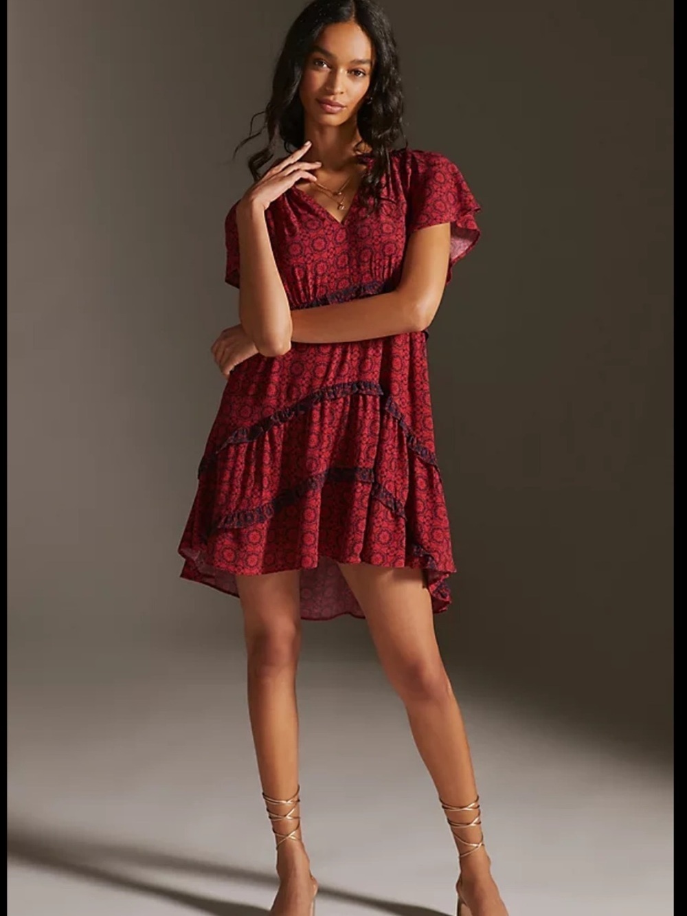 Anthropologie Robin Tiered Flutter Sleeve Mini Dress Small Ruffles Red Geo